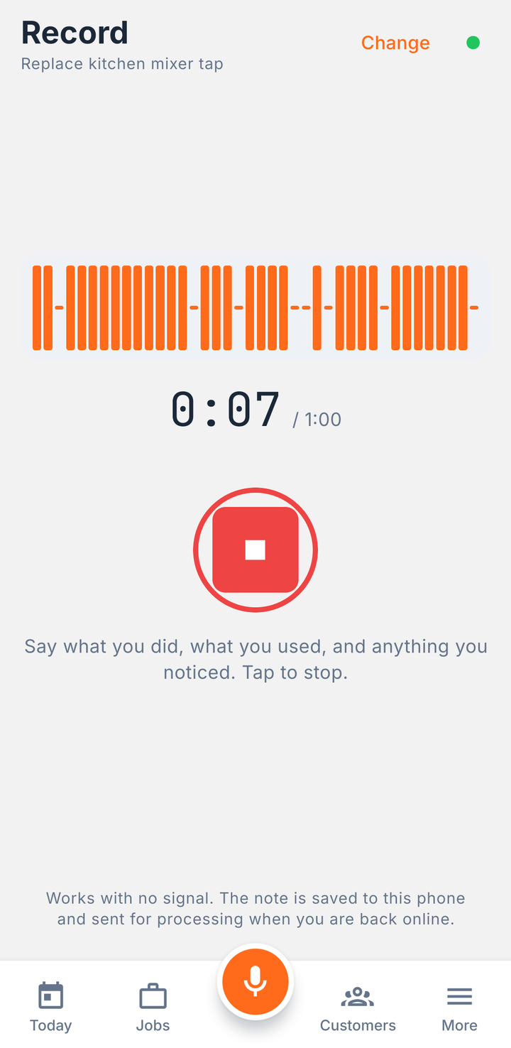 The TradeScribe recorder part way through a voice note, showing a live audio waveform and a timer reading seven seconds of a one minute limit.