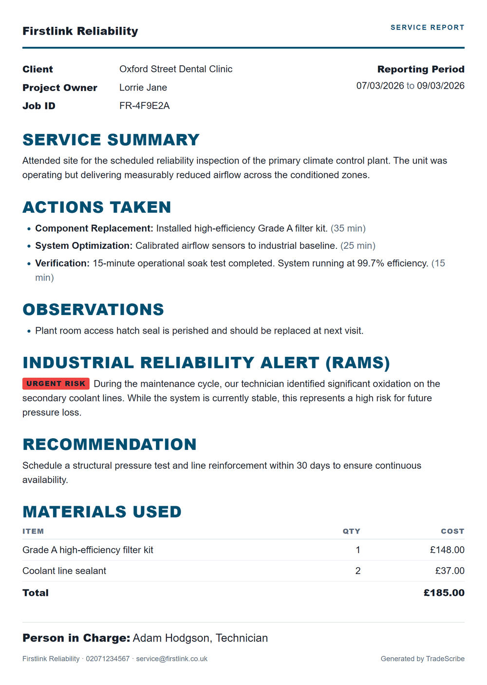 A finished TradeScribe service report on headed paper, listing the work carried out, the parts used, and a flagged risk with a recommendation.